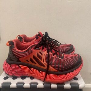 Hoka One One Red and Black Sneakers